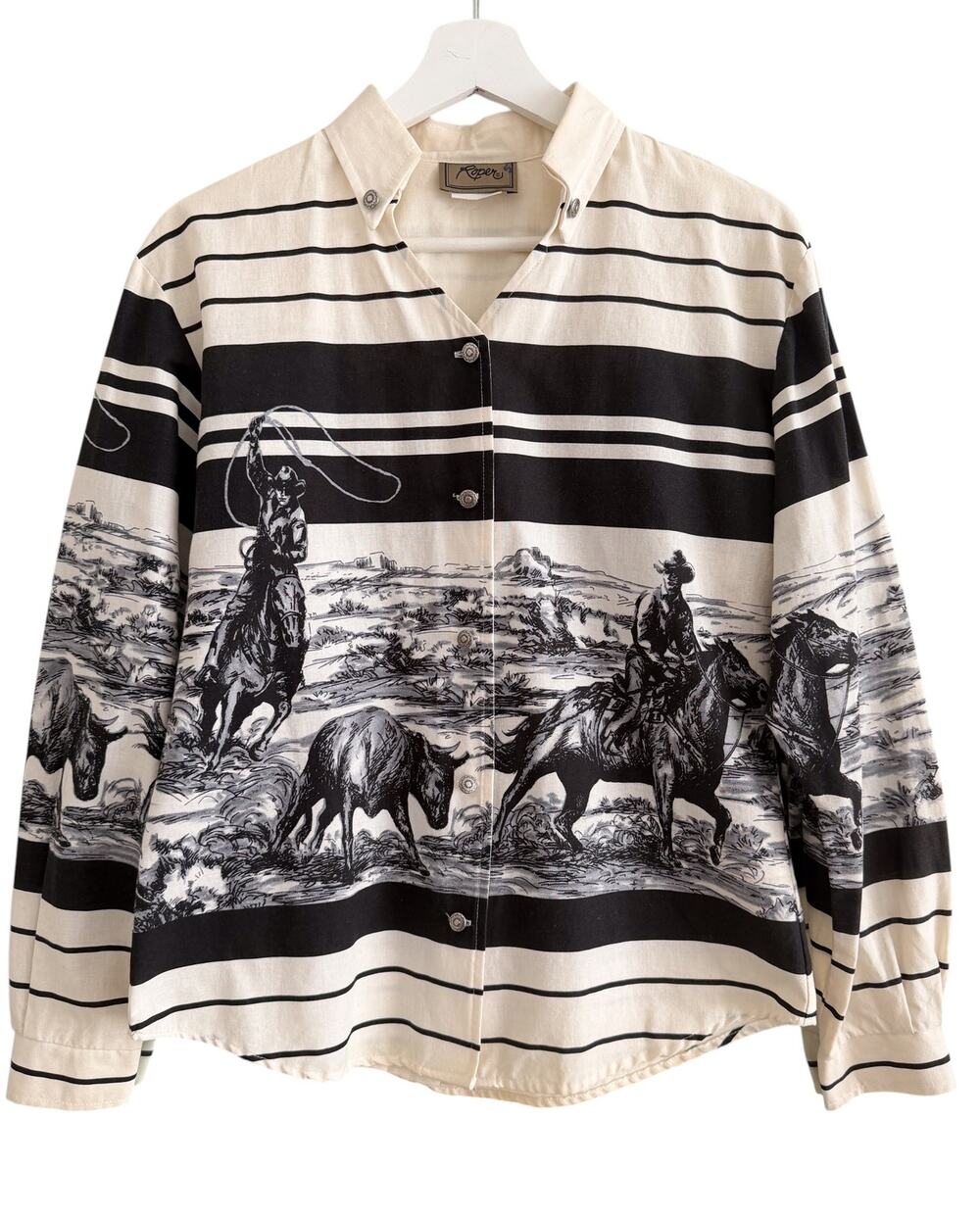 SOLD* Vintage 90s Roper Womens Western Shirt Cowboy Horse Cattle Drive Print